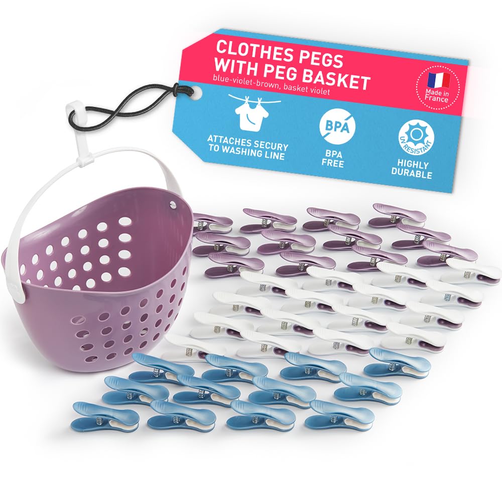culiclean Clothes Pegs for Washing Line – Clothes Pegs and Bag Set with Peg Basket for Washing Line – Washing Peg and Basket with Hanger – 40 Pegs, 1 Holder – purple-blue-white/purple — image 1