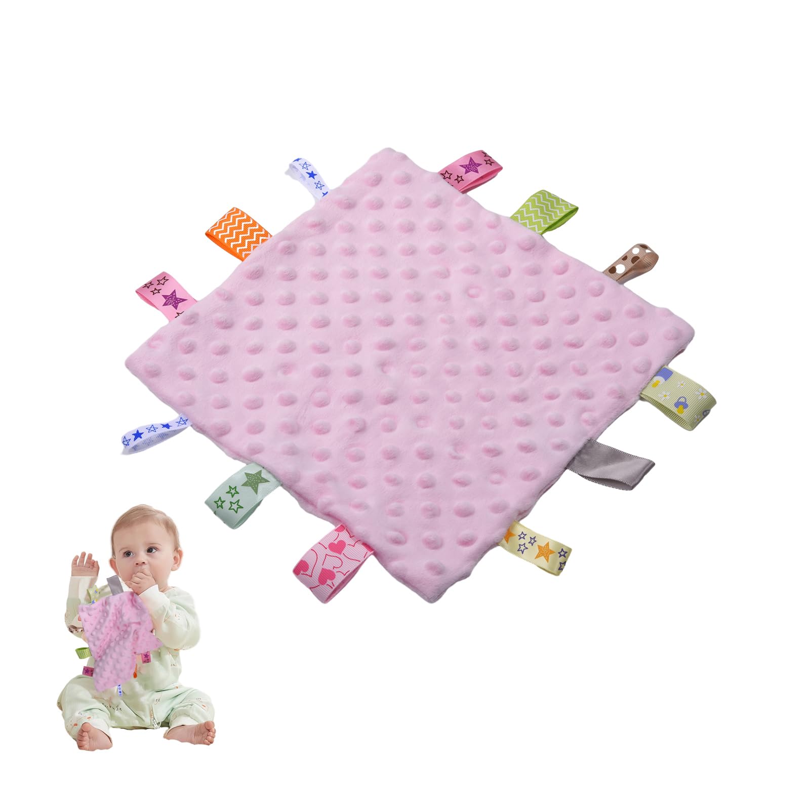 ORUZA Tag Comfort Blanket Baby, Baby Comforter with Colorful Taggies, Tag for Babies Soft Touch Comfort Blanket for Newborn Boys and Girls (Pink)