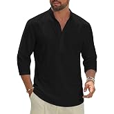 XINGCOOL Mens Linen Henley Shirts 3/4 Sleeve T-Shirts Casual Mandarin Collar Shirts 70s Outfits Beach Hippie T Shirts