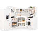 HONEY JOY Corner Kids Kitchen Playset, Ultimate Wooden Play Kitchen for Toddlers, Washing Machine, Ice Maker, Sink, Microwave, Little Chef Pretend Play Toy Kitchen Set, Gift for Boys Girls, White