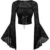 Verdusa Women's Goth Bell Sleeve Tops Gothic Clothes Y2K Lace-up Waist Emo Grunge Crop Top Rave Outfits