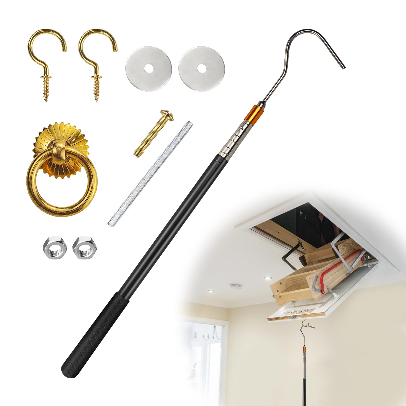 Attic Ladder Pull Down System Kit - Loft Ladder Pole with Hook, 3 Installation Methods Telescopic Loft Hatch Pole Pull-Out Hook Accessories Kit Tools for Home and Hotel