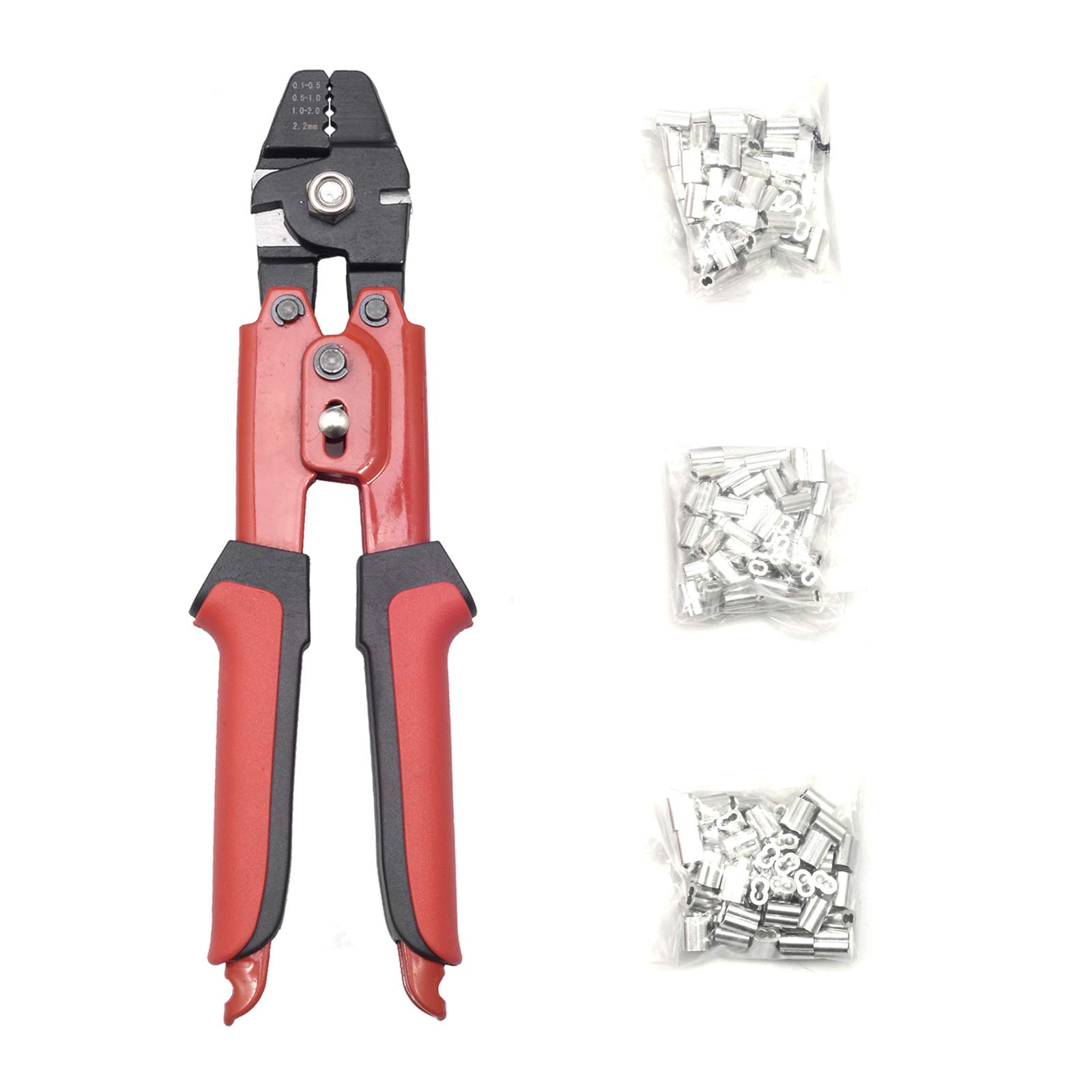 1/16 Inch Wire Rope Crimping Tool Up To 2.2mm Wire Rope Swager Crimpers with 180Pcs 3 Size Aluminum Double Barrel Ferrule Crimping Loop Sleeve Kit