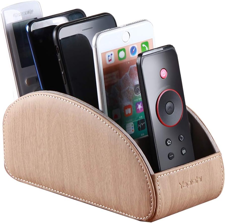 All-in-One Leather TV Remote Control Holder with 5 Compartments Nightstand Desktop Air Conditioner Media Player Remote Caddy Storage Box Organizer Tray For Makeup Brush Pen Stationary Table Controller