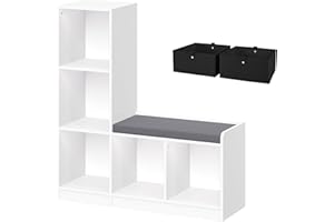 RiverRidge Kids Toy Storage Organizer Bench with 5 Cubby Spots, 2 Black Fabric Bins & Cushioned Seat for Book Nook Playroom Storage