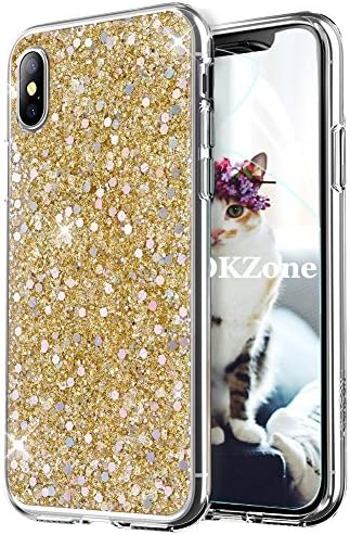 OKZone Compatible iPhone XS Max Case [with HD Screen Protector], Bling Glitter Sparkle Design Slim Fit Soft Gel TPU Silicone Skin Cover Case for iPhone XS Max 6.5 Inch (Gold)