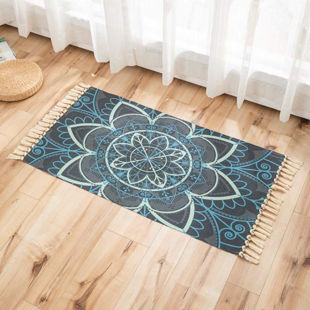 EmyTock Carpet,Vintage Cotton Area Rug,Hand Woven Print Tassels Throw Rugs Door Mat,Indoor White Area Rugs for Living Room, Bathroom, Bedroom 60cm x 110cm