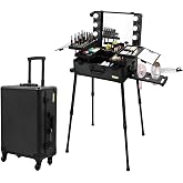 Tense Edano Aluminum Trolley Makeup Train Case with LED Lights Professional Cosmetic Organizer Studio with Speaker, Wheels and Stands Rolling Lighted Makeup Vanity Station for Travel (Black)