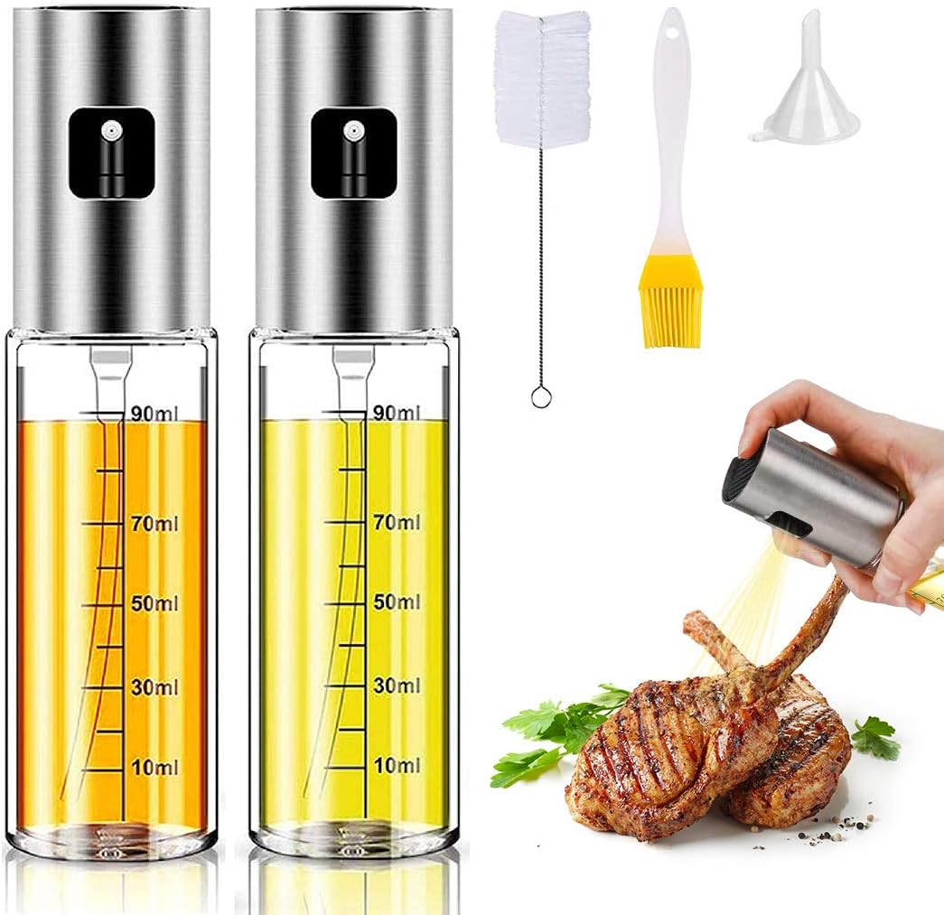 Oil Sprayer for Cooking,Olive Oil Sprayer Dispenser, Stainless Steel Glass Mister Spray Bottle with Measurements for Making Salad/Baking/Frying/BBQ with Free Brush/Funnel 100ml -2pack