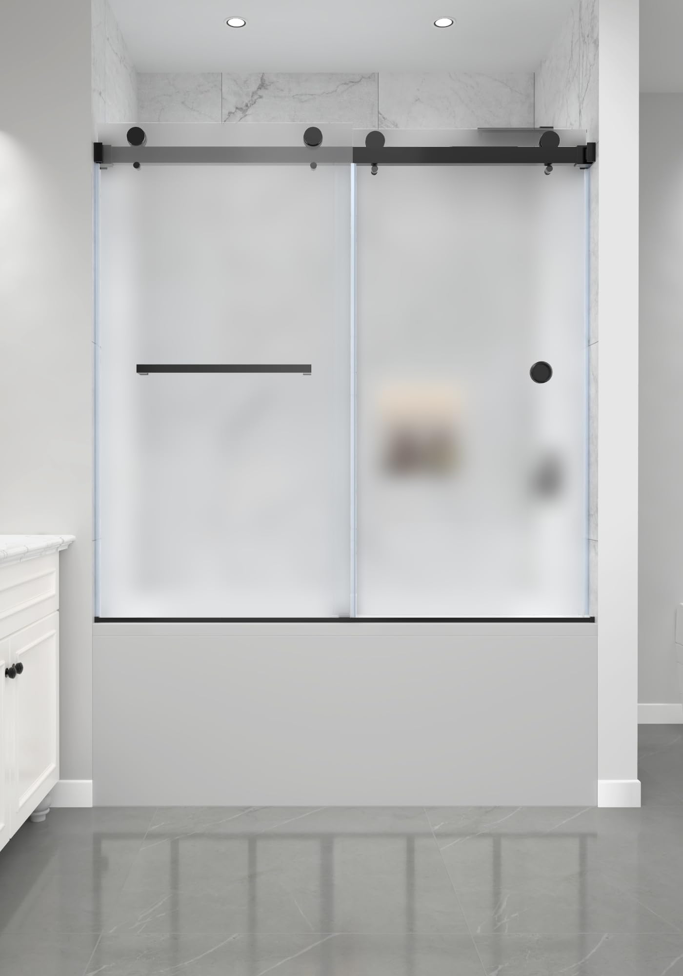 Photo 1 of FELYL 56-60" W x 60" H Frameless Bypass Bathtub Sliding Shower Door Double Sliding Tub Door with 5/16" (8mm) Frosted Ultra-Clear SGCC Tempered Glass in Matte Black