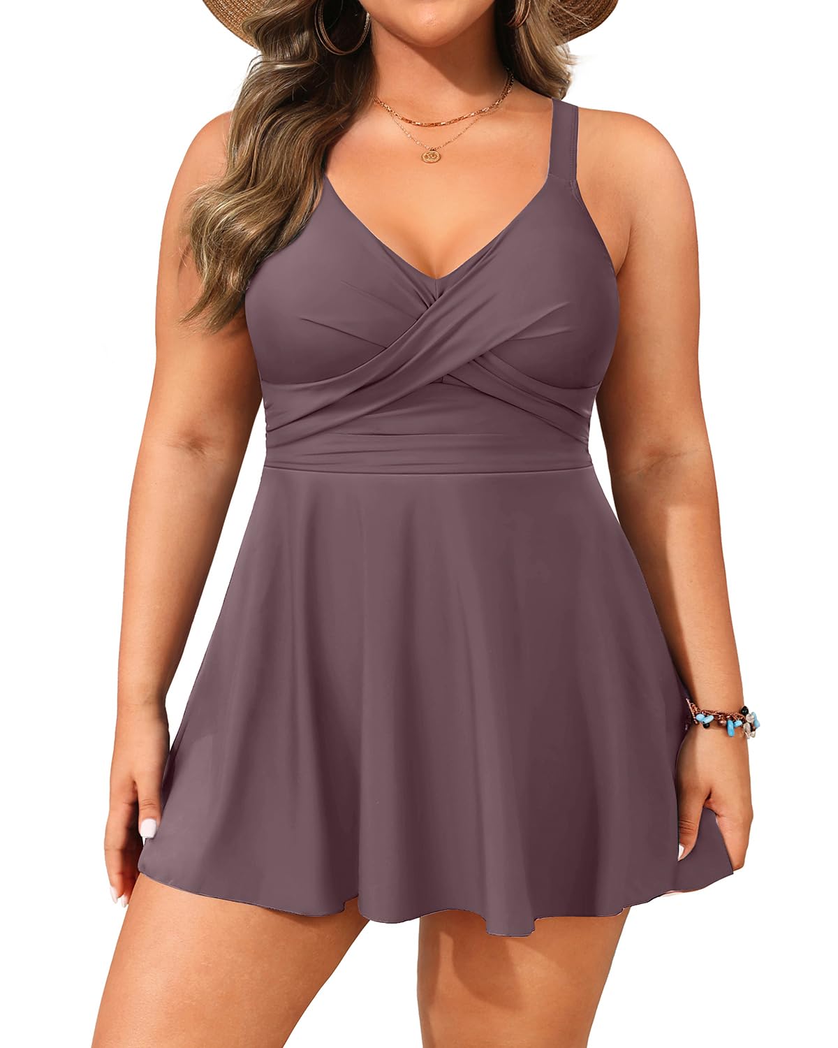 Photo 1 of Aqua Eve Plus Size Swim Dress - Two Piece Tankini Swimsuit Tummy Control Bathing Suit with Shorts 2025 Coffee Brown 18W