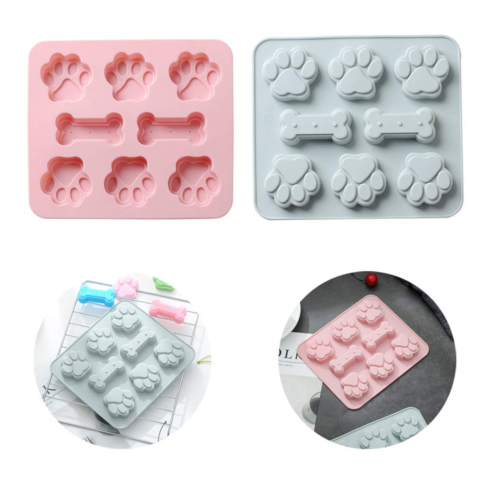 BuxiuGK 2 Piece Silicone Baking Moulds Paw Print and Bone Design 2 in 1,8 Cavity Non-Stick for Chocolate,Candy,Pudding,Jelly,Dog Treats