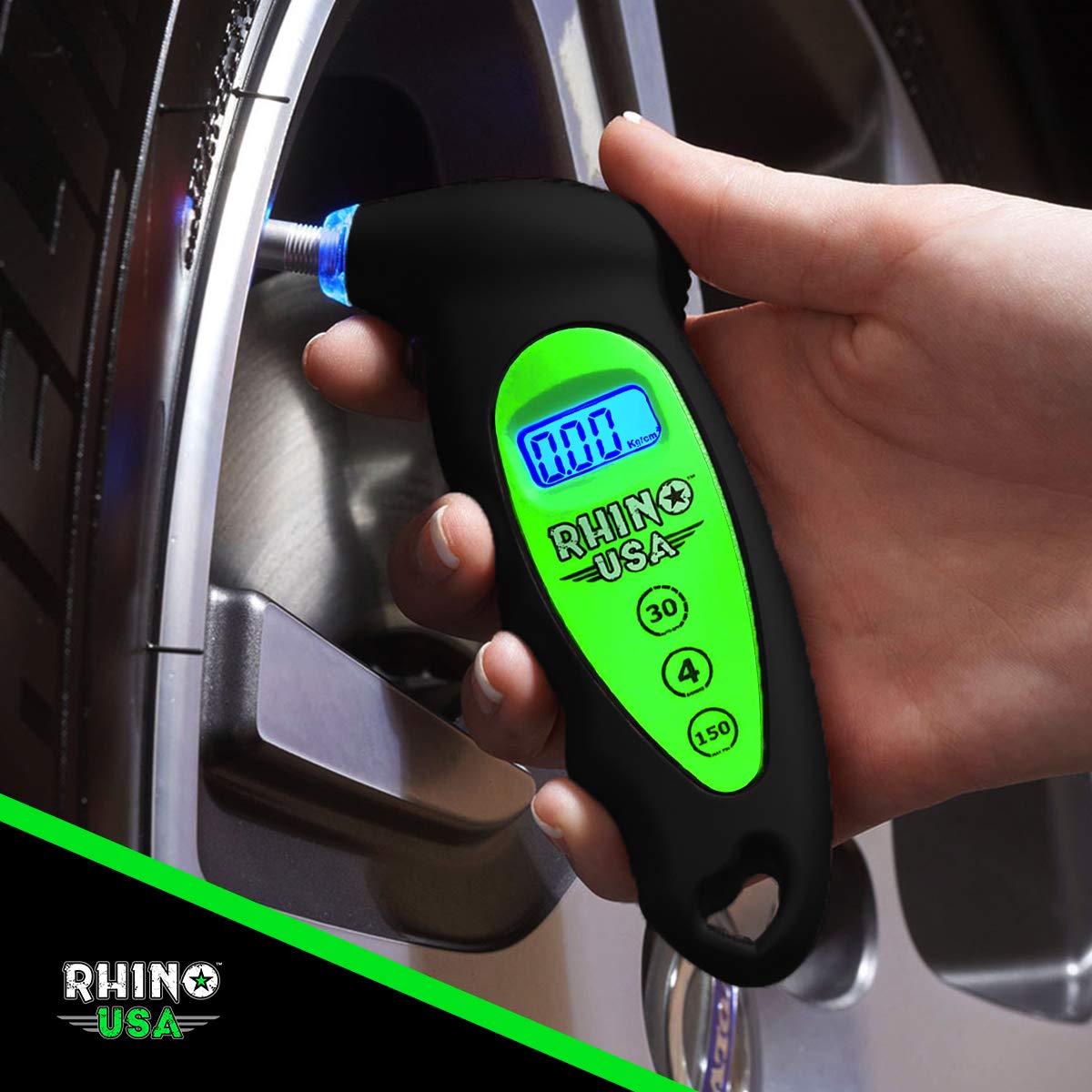 Rhino USA Digital Tire Pressure Gauge 150 PSI, 4 Ranges, Ergonomic Design w/Lighted Nozzle & LCD Backlit Display - Certified Accurate Readings, Best Digital Gage: Industrial & Scientific