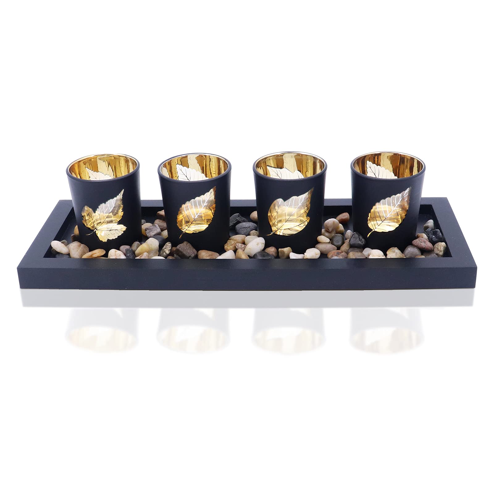 Candle Holder Set, Includes 4 Glass Cups, Natural Stones and Wooden Tray for Table Home Decorations (Leaves) — image 1