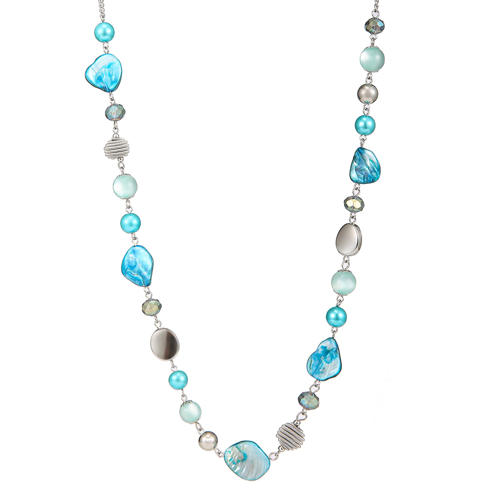 FULU AUTUMN Long Silver Beaded Necklace for Women Chain Necklace with Shell Crystal Pearl Beads Fashion Jewellery Gifts for women(Turquoise)