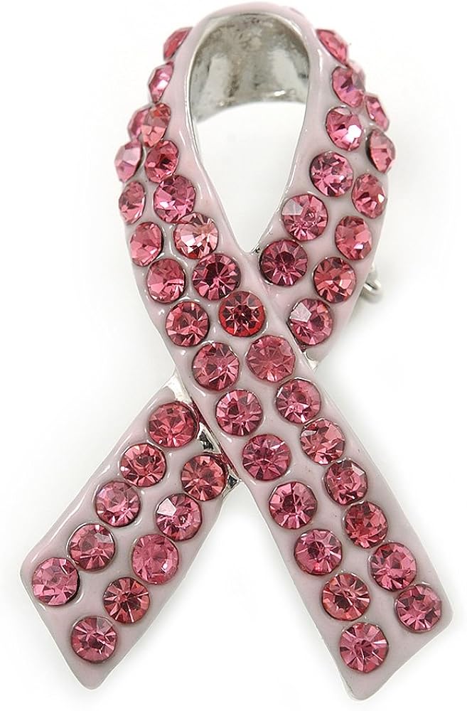 Pink Crystal Breast Cancer Awareness Ribbon Pin In Rhodium Plating - 37mm Length