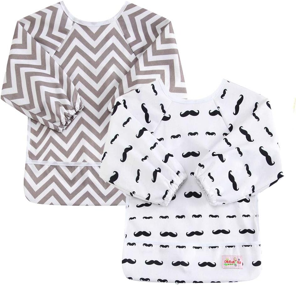 OHBABYKA Baby Waterproof Sleeved Bib Long Sleeve Bibs for Infant Toddler,6-24 Months (2pcs-0741)