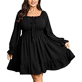 SCOMCHIC Womens Plus Size Dresses Long Sleeve Square Neck Smocked Casual Ruffle A-Line Flowy Fall Mini Milkmaid Dress