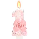 Elekfx Pink Bow Number 1 Birthday Candle 1st Birthday Decorations Girl | Pink Glitter Number Candle Pink Cake Topper Pink 1 Candle for Birthday Cake Decoration Anniversary Birthday Party Supplies