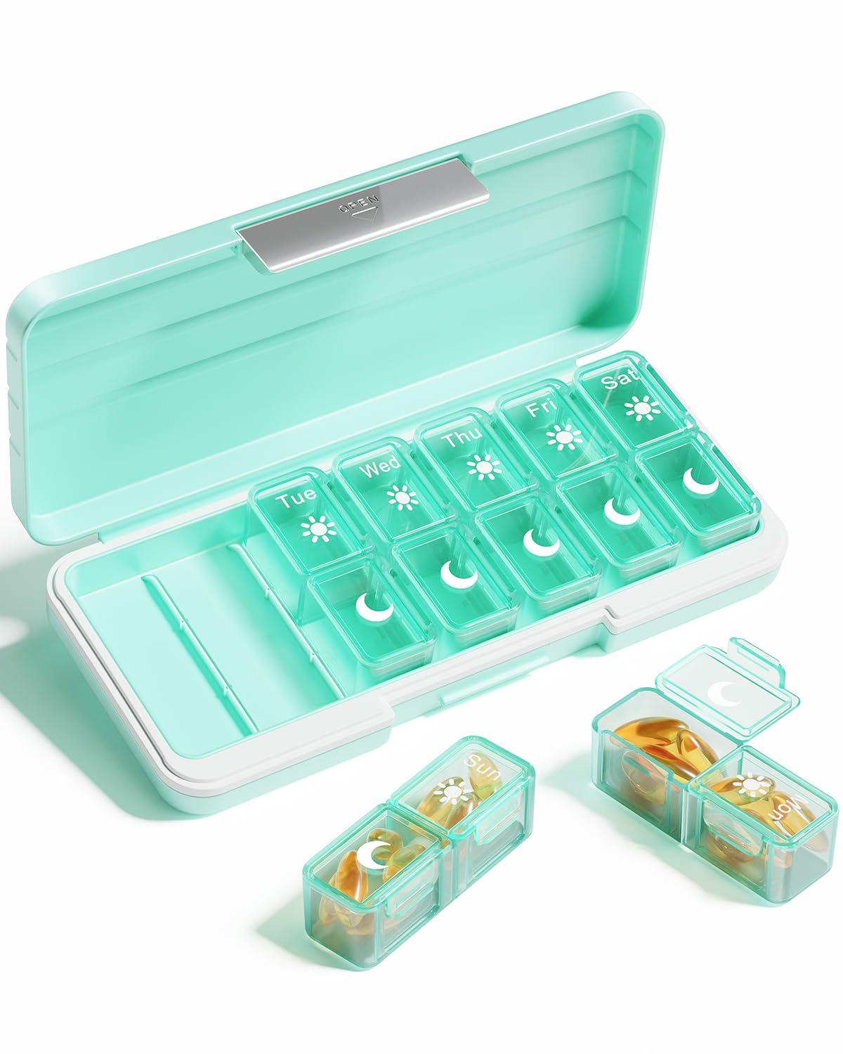 Betife Weekly Pill Box Organizer 2 Times a Day,7 Day Travel Pill Box,AM/PM Pill case for Vitamins, Medication, Supplements and Fish Oils (Green)