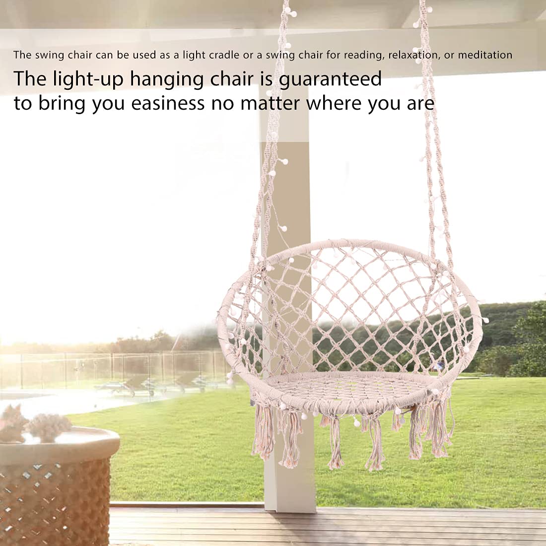 VIVOHOME Hanging Hammock Chair Macrame Swing with 39ft Long LED Light, Stand Not Included, Max 330 lbs Capacity, Cotton Hand-Woven Hammock Swing Chair for Indoor, Outdoor, Bedroom, Balcony - Beige