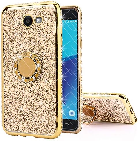 Galaxy J7 Prime 2017 Case, Galaxy J7 Perx, Galaxy J7 Sky Pro, Galaxy J7 V, J7 2017, Bling Diamond Rhinestone Glitter Sparkle Luxury Soft Slim Phone Case with Crystal Ring Holder Stand - Gold