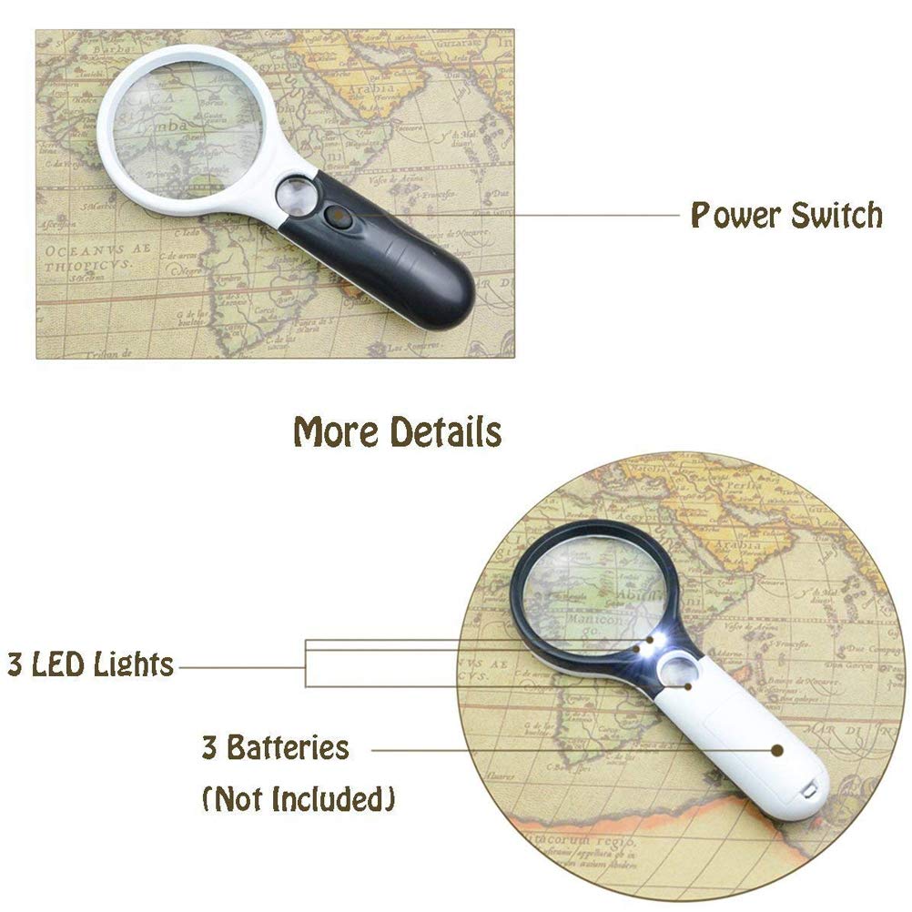 3 LED-Licht 3X 15X Leselupe Handlupe Lesevergrößerungsglas Objektiv Schmuck-bewertung Lupe für Bücher, Zeitungen, Landkarten, Münzen, Schmuck, Hobbies
