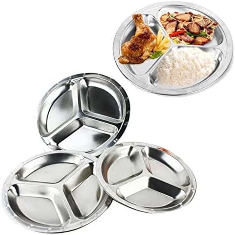 HK Home Stainless Steel Portion Control 3 Section Divider Plate, 26 cm Size