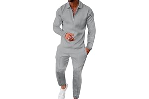UOUA Mens 2 Piece Set Casual Outfits Polo Long Sleeve Shirt & Pants Track Suit Loungewear Athletic Sweatsuit
