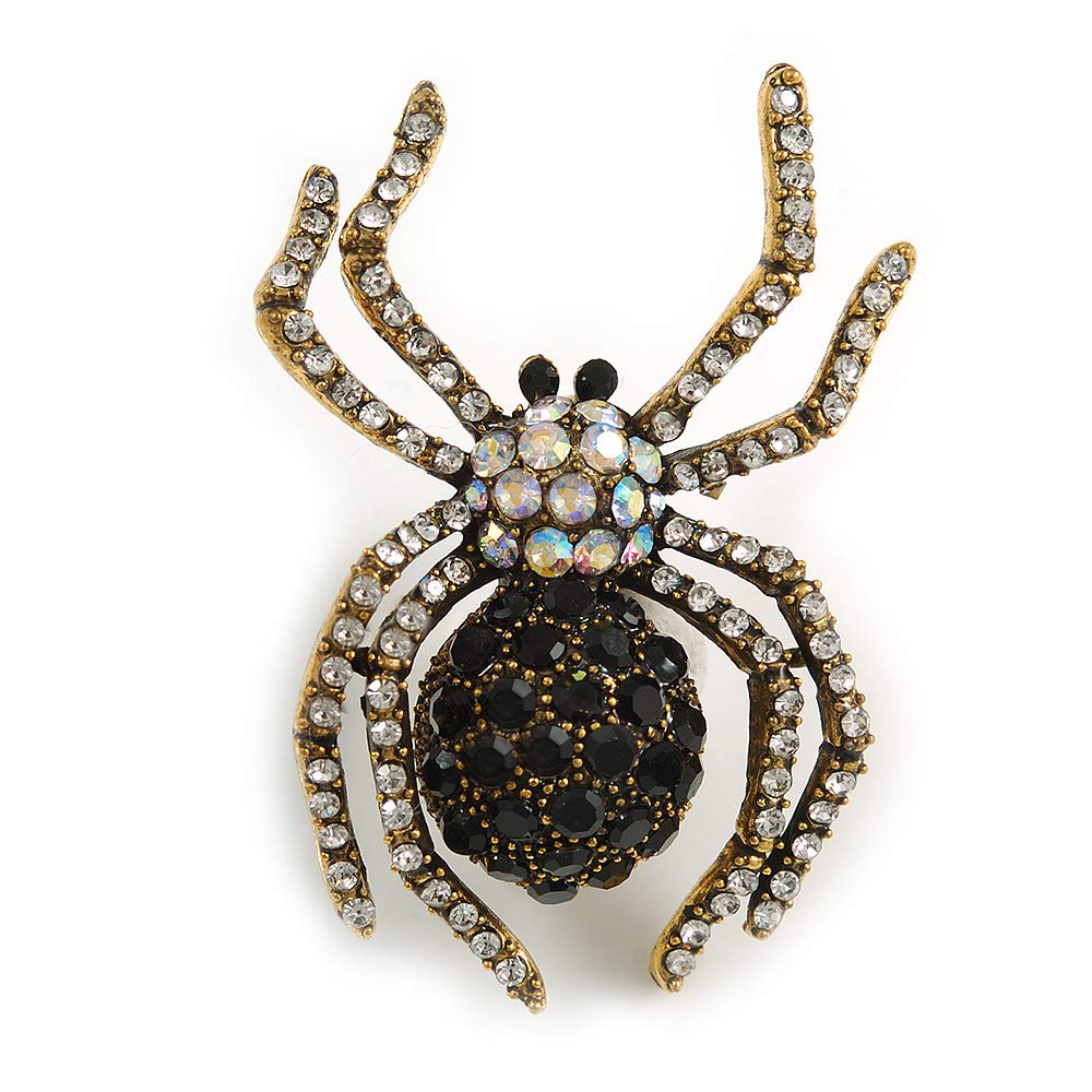 Vintage Inspired Black/Clear/Ab Crystal Spider Brooch In Aged Gold Tone Metal - 50mm Tall