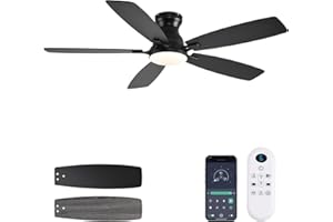 JSAITEE Ceiling Fans with Lights, 52 Inch Low Profile Ceiling Fan with Light and Remote Control, Flush Mount, DC Reversible Motor, Noiseless, Black 6 Speeds Ceiling Fan for Bedroom