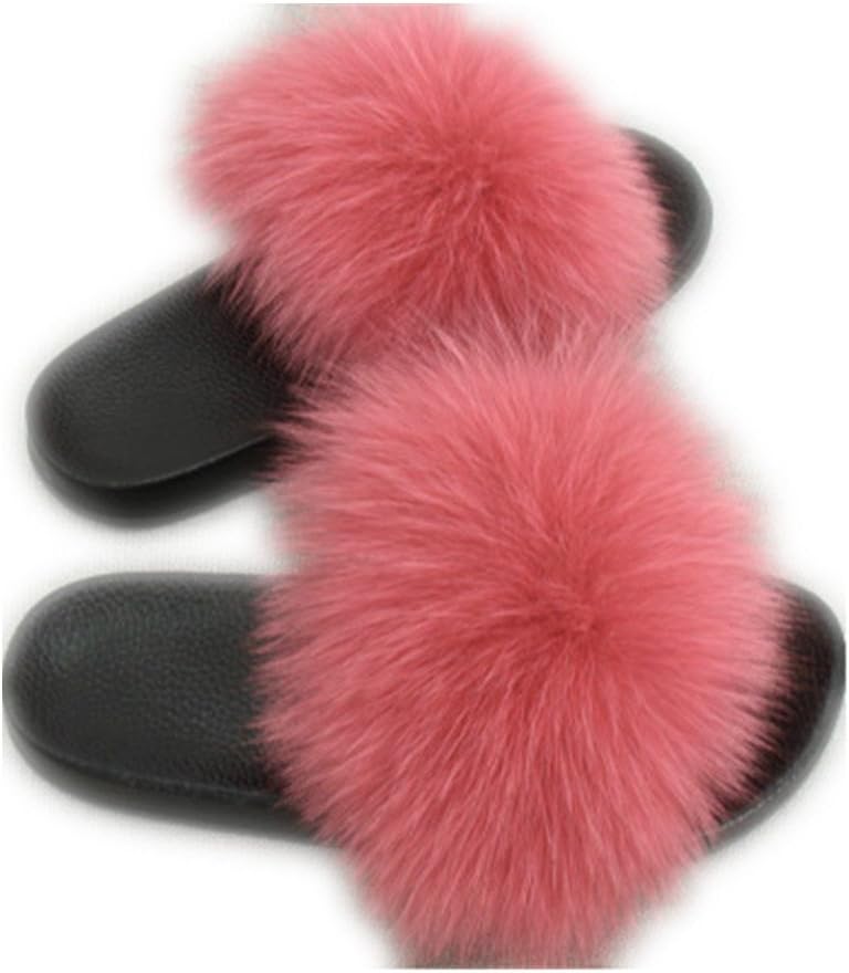 Women Real Fox Fur Feather Vegan Leather Open Toe Single Strap Slip On Sandals Multicolor