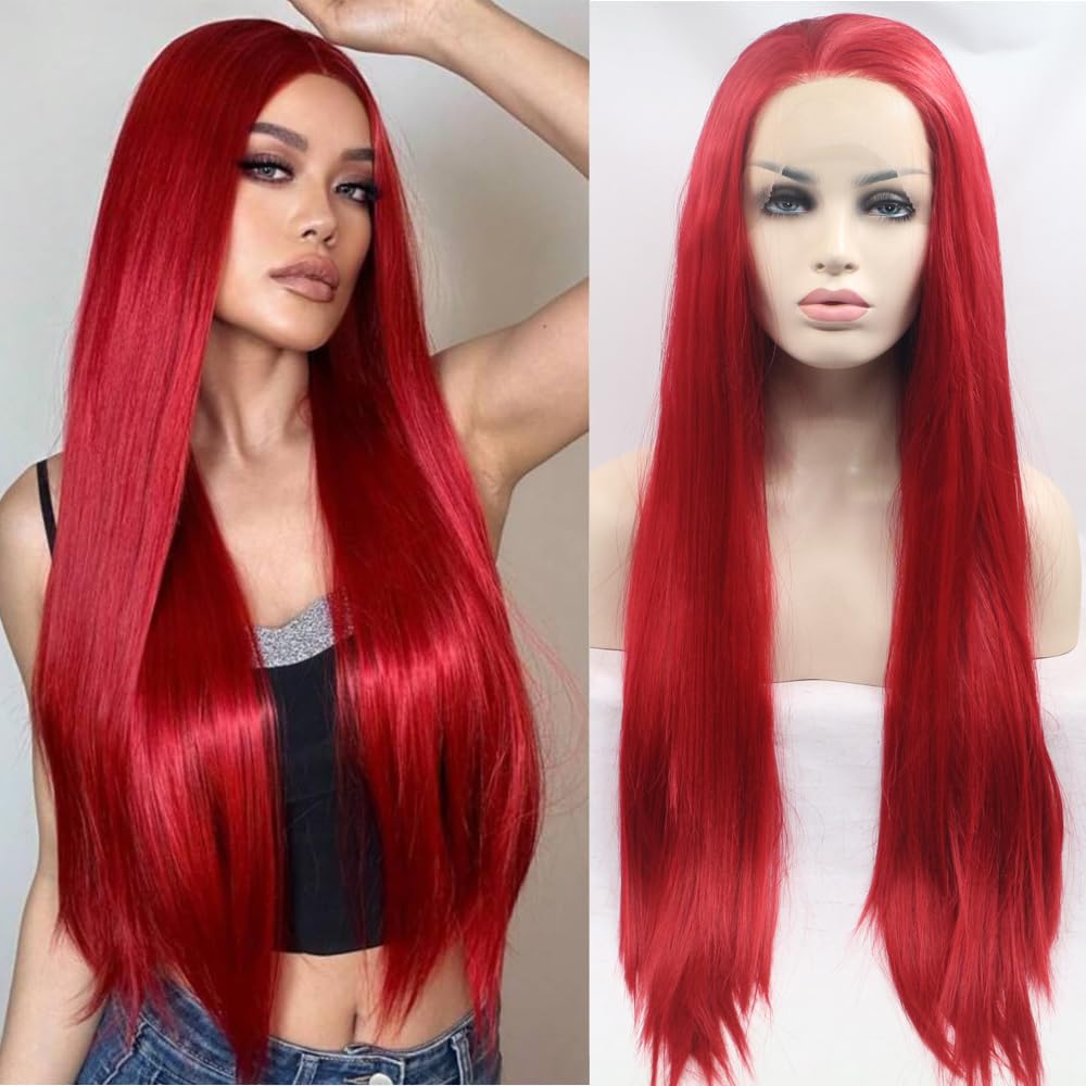 Xiweiya Long Silky Straight Hair Red Synthetic Lace Front Wigs For Women Heat Resistant Glueless Hair Party Wig โ image 1