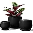 LE TAUCI Plant Pots, 4.1+5.1+6.5 inch, Set of 3, Ceramic Planters with Drainage Hole and Saucer, Indoor Flower Pot with Hole Mesh Pad, Gifts for Mom, Black