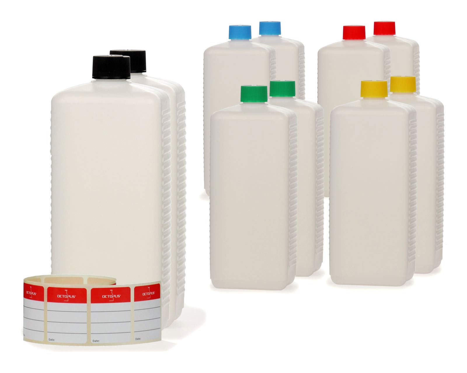 Octopus 10x 1000ml Plastic Bottles | HDPE Square Empty Bottles with Colourful Screw Caps | Includes Labels | Versatile Storage for Liquids, Chemicals & Food