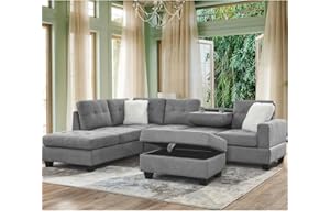 UBGO Living Room Furniture Sets,Sectional Sofa with Storage Ottoman,L-Shaped Two Cup Holders&Extra Wide Reversible Chaise,Upholstered Couch for Large Space Apartments, Gray Velvet