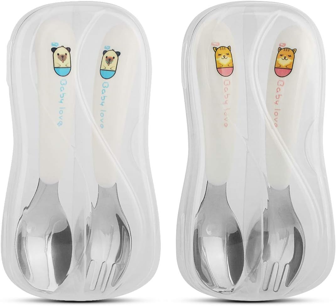 Toddler Utensils, Kirecoo 2-Set Set Stainless Steel Toddler Silverware with Toddler Fork and Baby Spoon, Come with Carrying Case