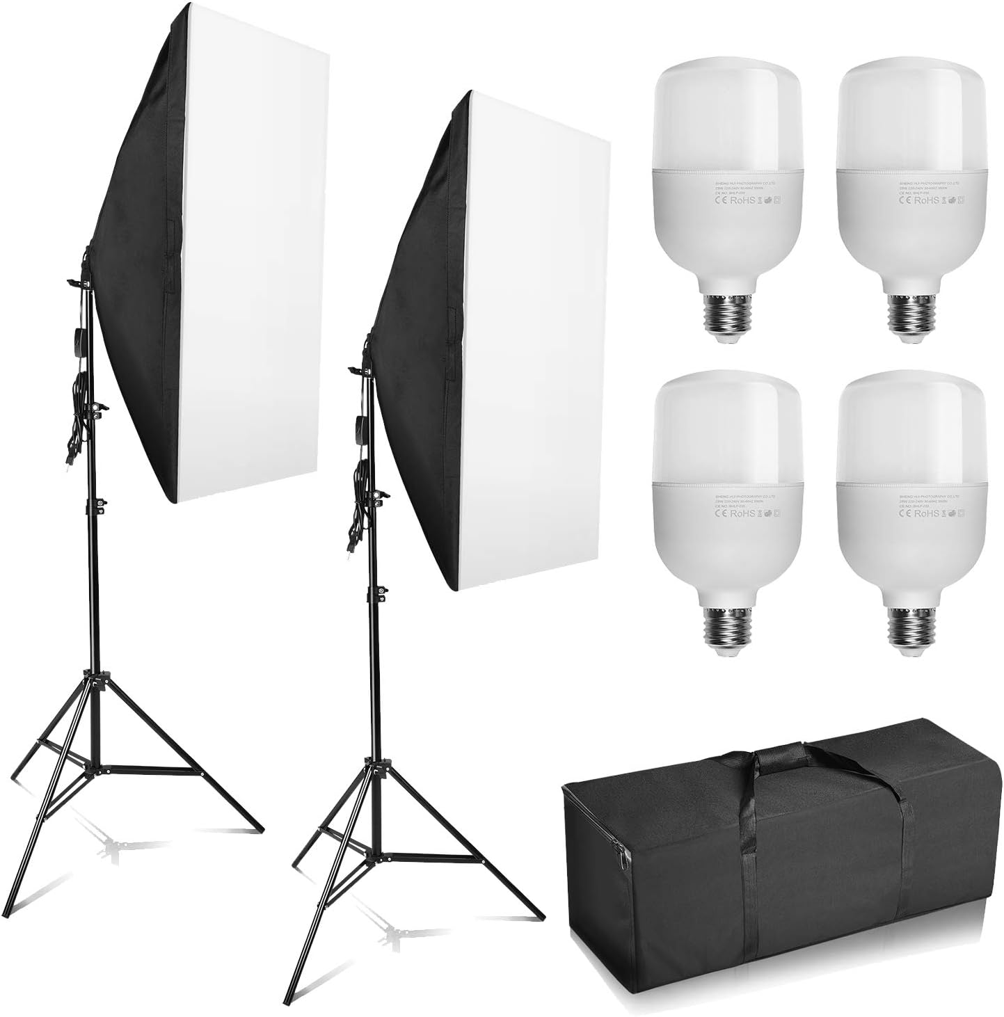 BEJOHU Softbox Lighting Kit 2X 20"X28" Professional Photography Continuous Lighting Equipment with 4 x 25W E27 Socket 5500K Bulbs for Portraits and Product Shooting