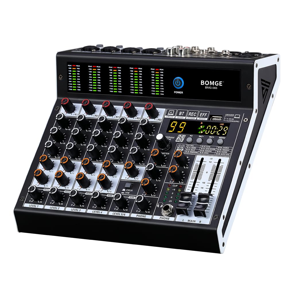 Photo 1 of BOMGE Professional audio mixer 6 Channel Mixing Console with 99 DSP Effect,+48V Phantom, Bluetooth,USB Interface.2 AUX.FX Processor for studio recording & Live Performances