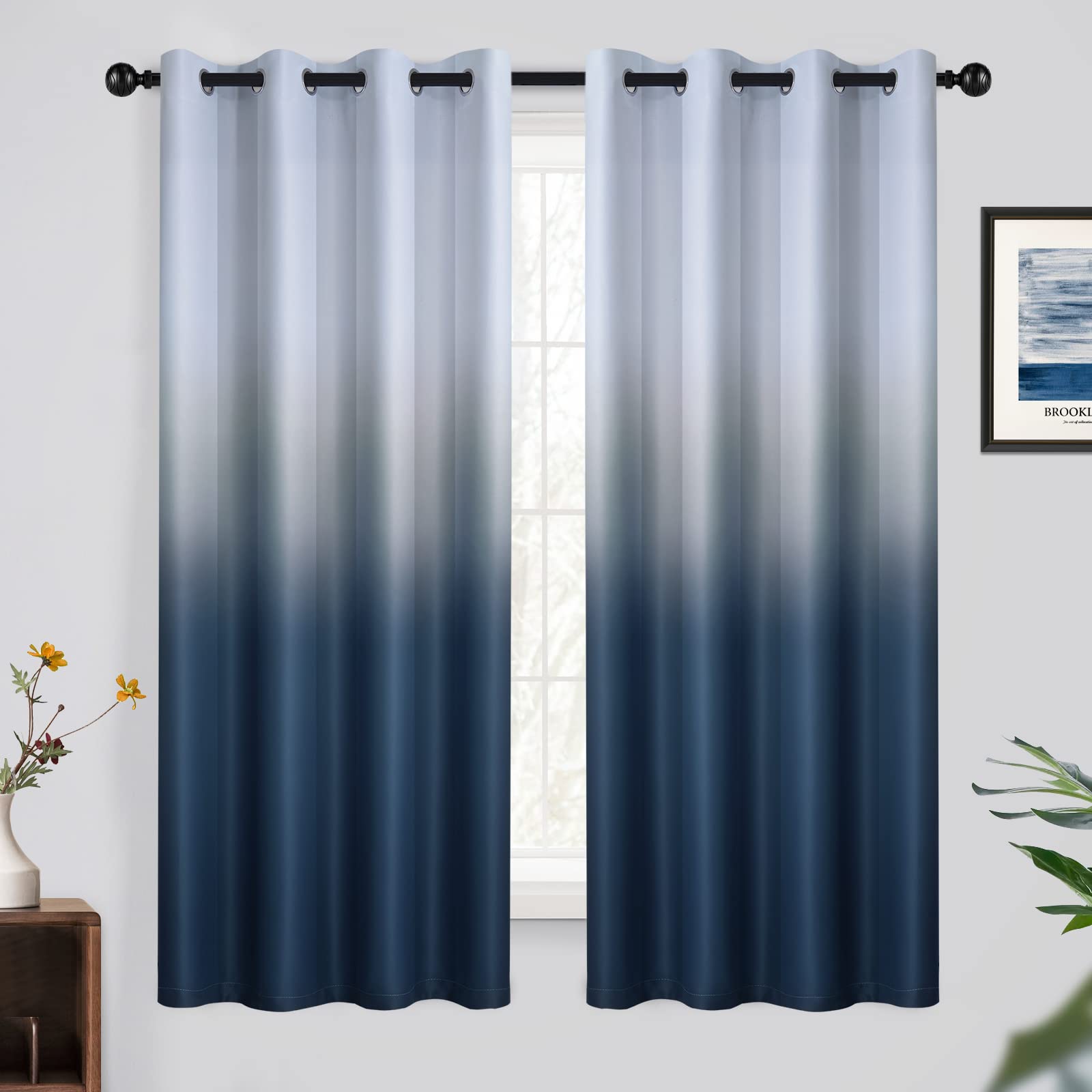 Yakamok Light Blocking Ombre Curtains, Greyish White and Navy Blue Gradient Color Curtains, Room Darkening Grommet Window Drapes for Bedroom(52x63 Inch, Navy Blue 2 Panels) Image