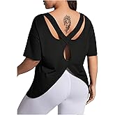 OYOANGLE Women's Plus Size Open Back Workout Tops Short Sleeve Criss Cross T-Shirts Athletic Gym Tee Top