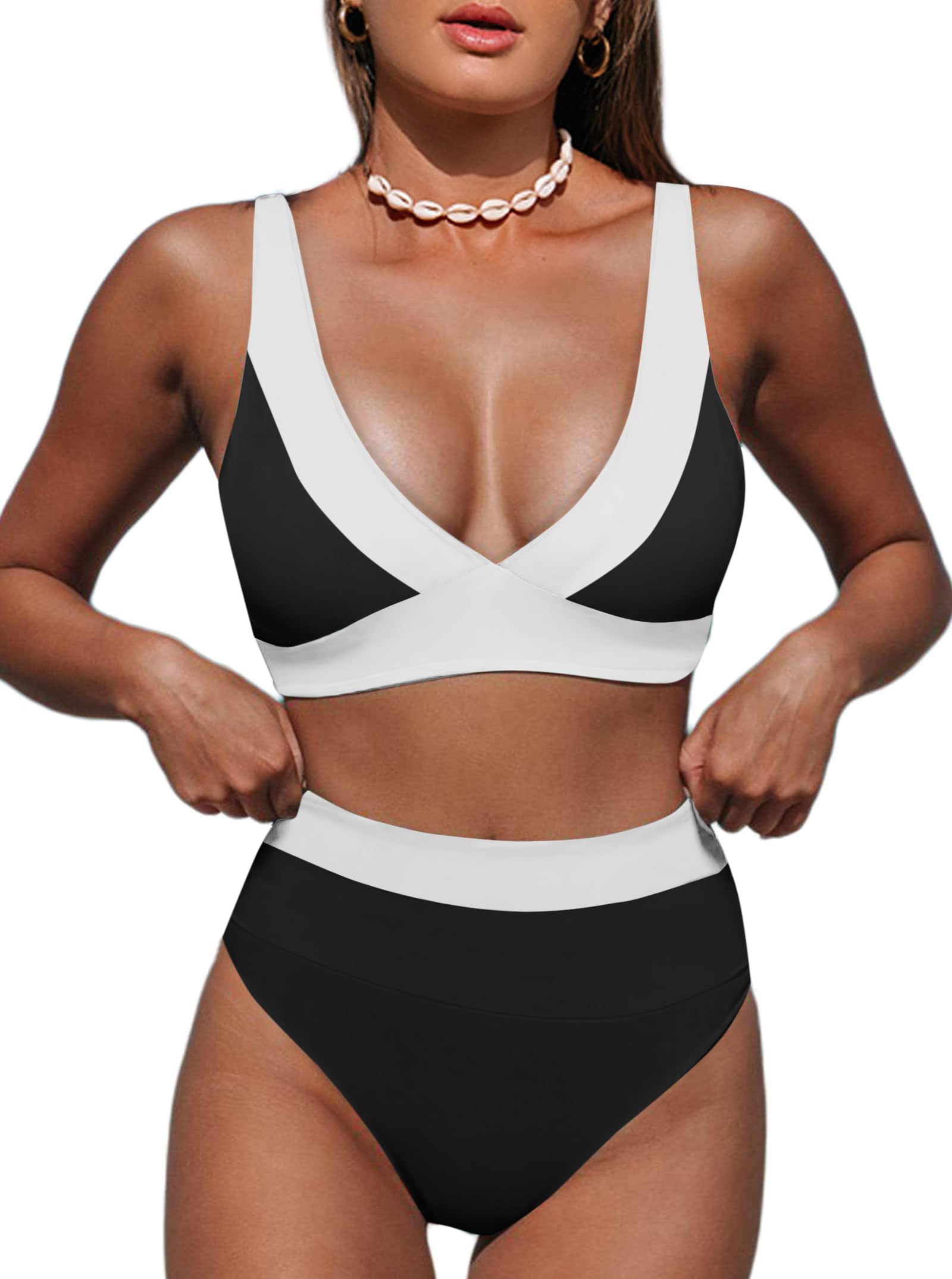 Photo 1 of Hilinker High Waisted Bikini Sets Bathing Suit for Women Tummy Control V Neck 2 Piece Swimsuits Black White Colorblock X-Large