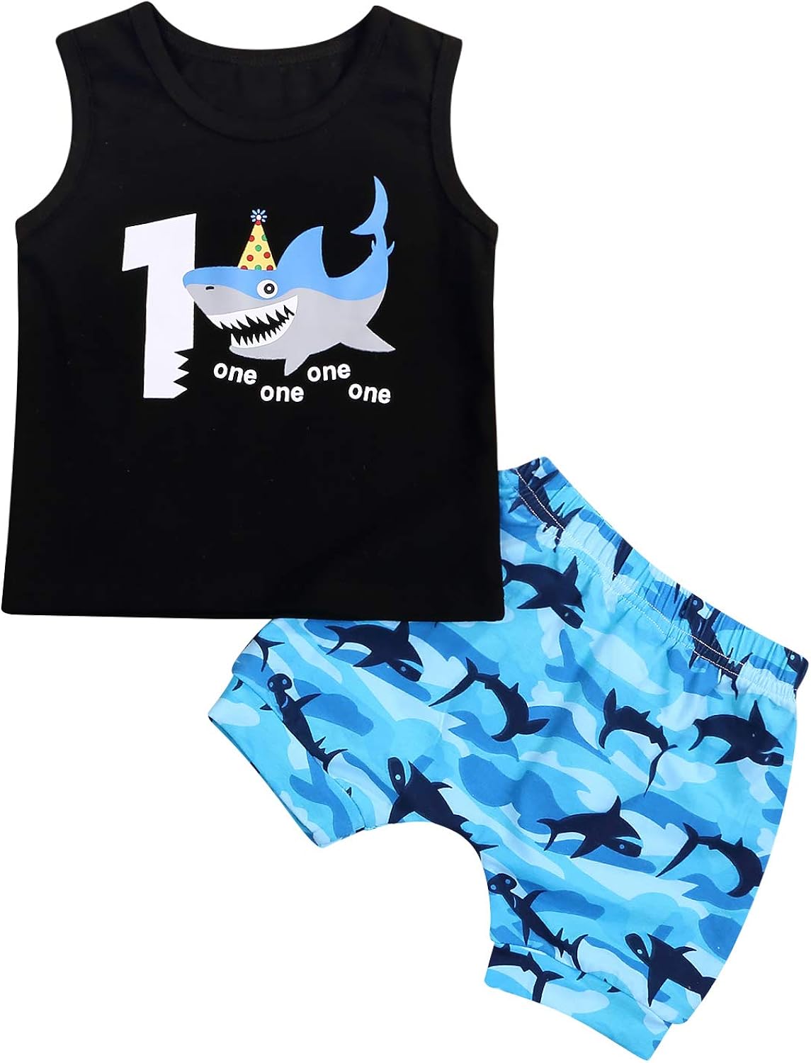 Baby Boy Girl One Birthday Outfits Unisex Shark Doo Doo Doo Sleeveless Tank Top+Toddler Shorts Summer Clothes