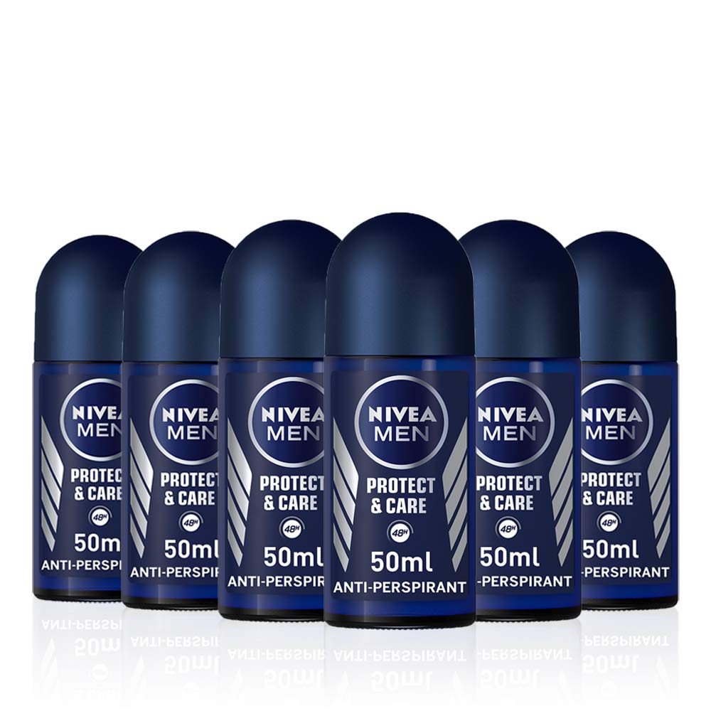 NIVEA MEN Protect & Care Antiperspirant Deodorant Pack of 6 (6 x 50ml), Men's Deodorant with 0% Alcohol, 48 Hour Antiperspirant for Men, Roll On Deodorant