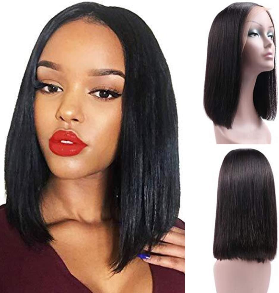 Ucrown Hair 13x4 Lace Front Short Bob Wigs Brazilian Straight Human Hair Wigs For Black Women 130% Density Pre Plucked with Baby Hair Natural Black (8inch)