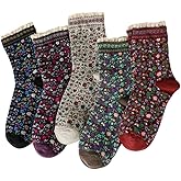 Vintage Style Embroidered Floral Socks for Women Girls with Lace Trims, Spring and Fall Cotton Crew Socks