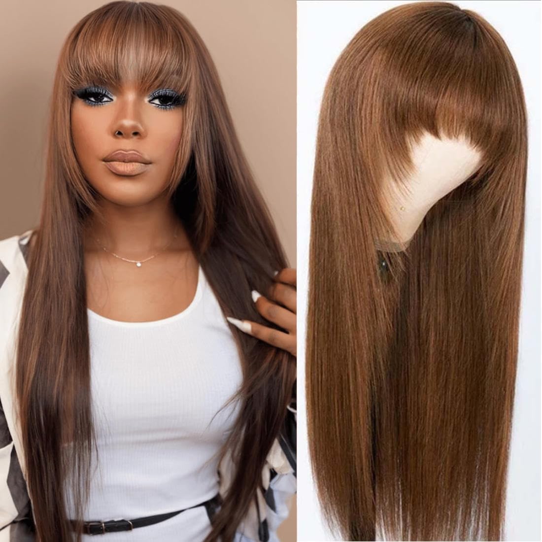 Straight Human Hair Wigs with Bangs Chocolate Brown Layered Cut Glueless Wigs Human Hair Ready to Wear Wig 4# Brown Wig Human Hair Color 16 inch