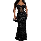 Qikaka Women's Sleeveless Mesh Scale Sequins Tassel Bodycon Sexy Nightclub Party Prom Long Dress