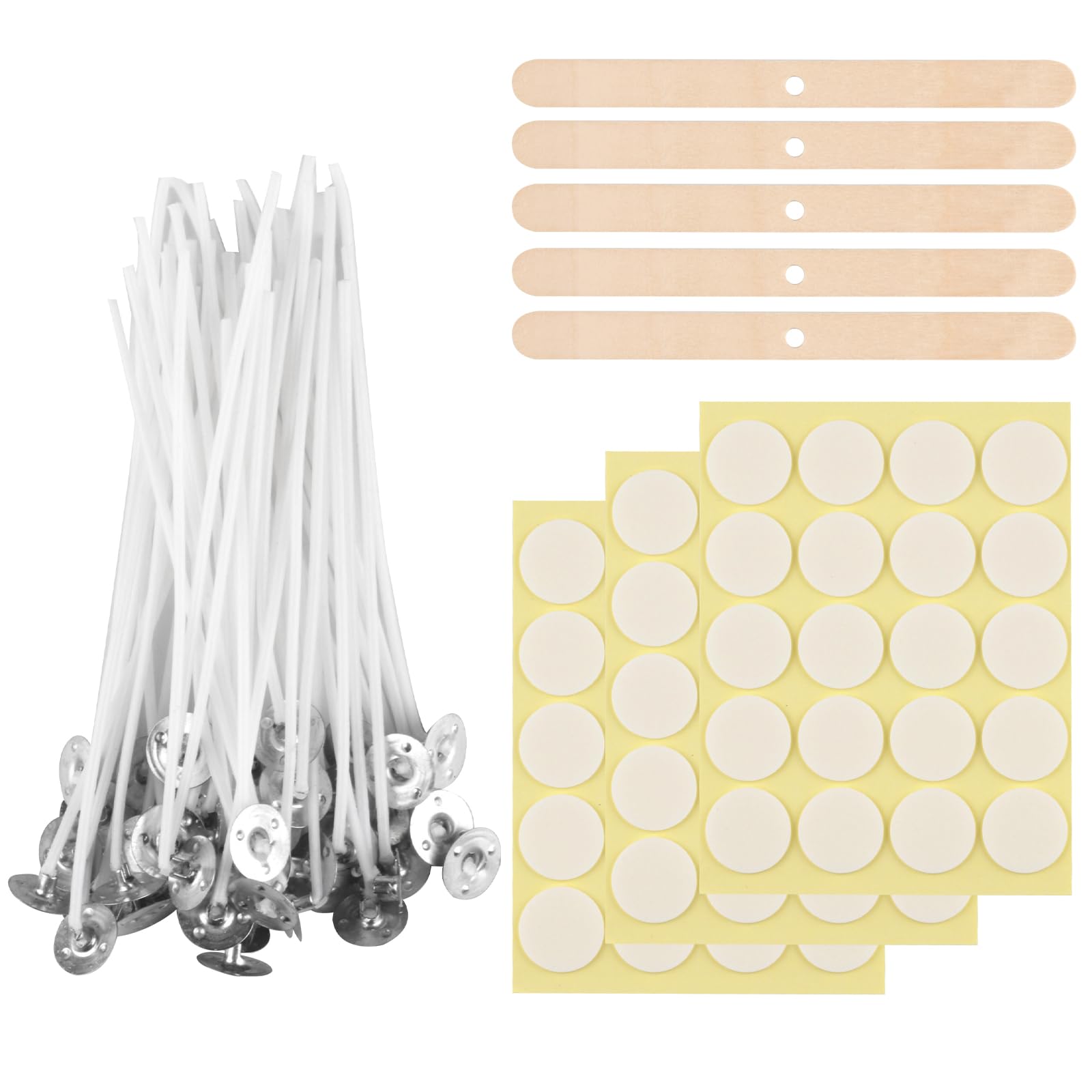Candle Wicks for Making Candles, 100 Pcs 20cm Cotton Pre Waxed Candles Wicks with 5 Pcs Holders & 3 Sheets Dot Stickers, for Candle Making, DIY Crafts