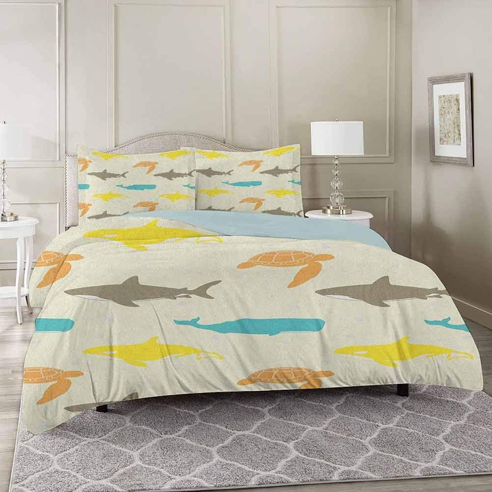 YUAZHOQI Sea Animals Duvet Cover 3 Piece Set Twin, Pattern with Whale Shark and Turtle Aquarium Doodle Style Marine Life Comforter Cover with Zipper Closure and 2 Pillow Shams